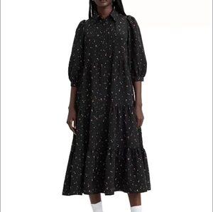 Levi's Black and White Tiered Midi Dress with Puff Sleeves